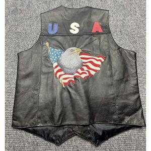 Leather‎ World Leather Vest Mens Medium Black USA Eagle Flag Biker Western New